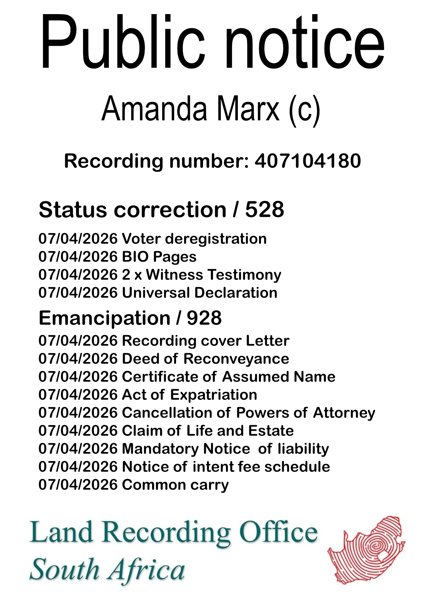 Public notice Amanda Marx (c) Recording number 407104180